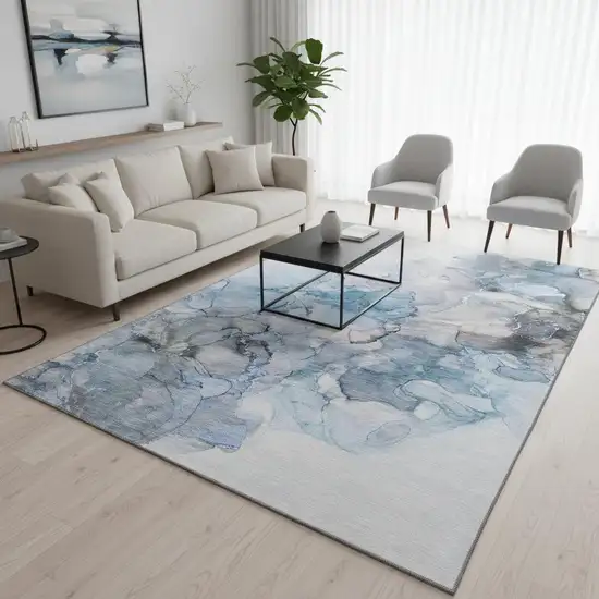 Blue Gray And Ivory Abstract Washable Area Rug With UV Protection Photo 2