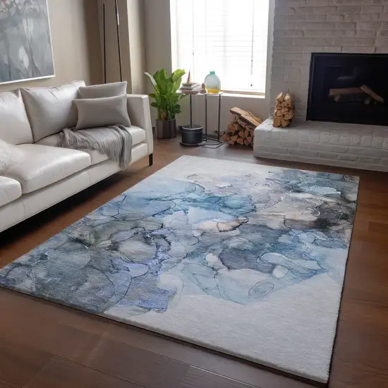 Blue Gray And Ivory Abstract Washable Area Rug With UV Protection Photo 6