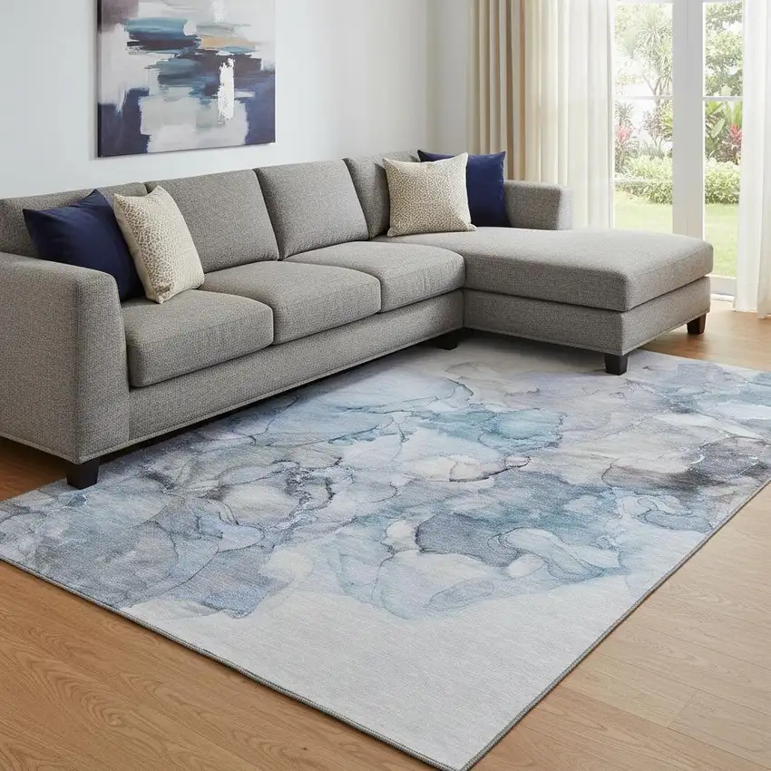 Blue Gray And Ivory Abstract Washable Area Rug With UV Protection Photo 1