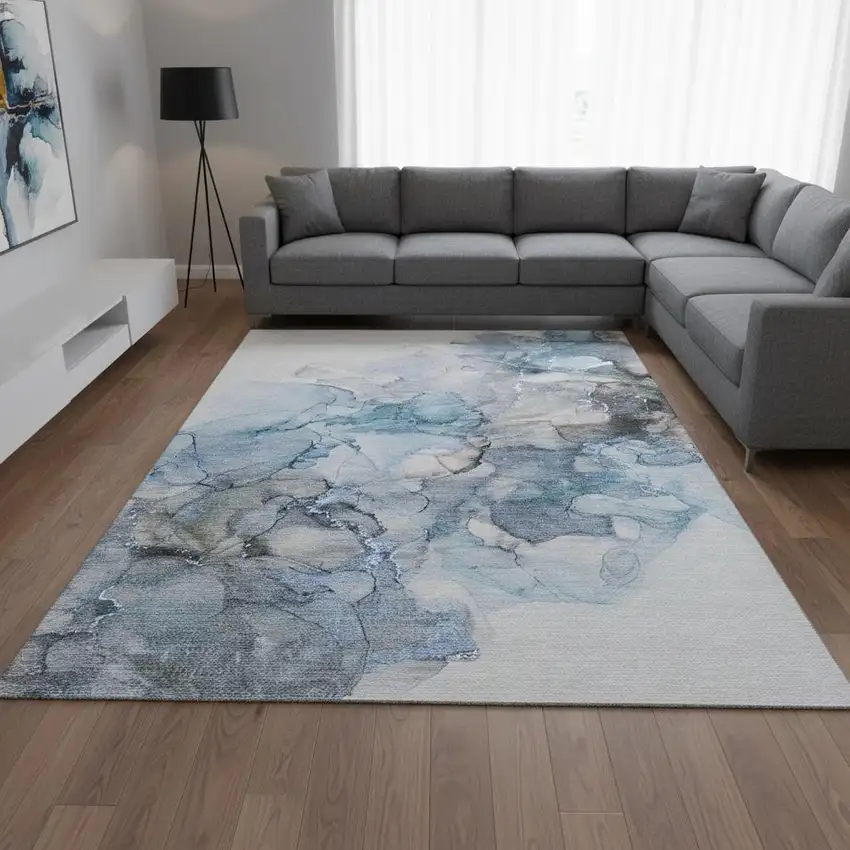 Blue Gray And Ivory Abstract Washable Area Rug With UV Protection Photo 1