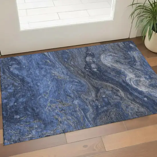 Blue Gray And Ivory Abstract Washable Area Rug With UV Protection Photo 1