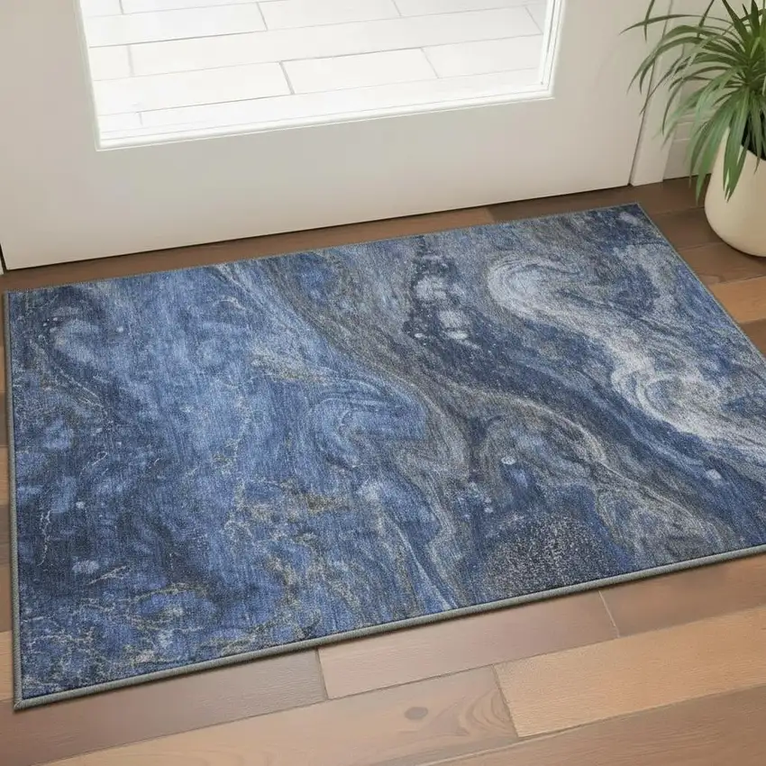 Blue Gray And Ivory Abstract Washable Area Rug With UV Protection Photo 1