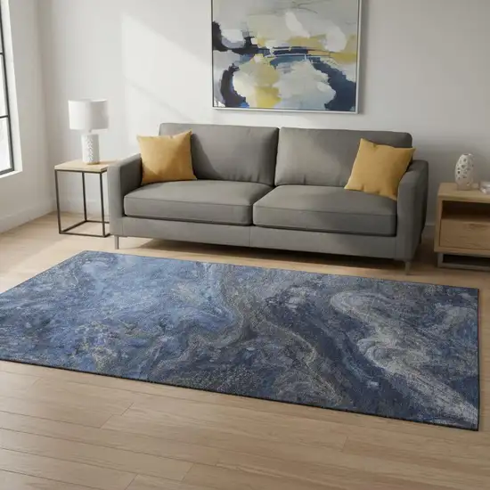 Blue Gray And Ivory Abstract Washable Area Rug With UV Protection Photo 2