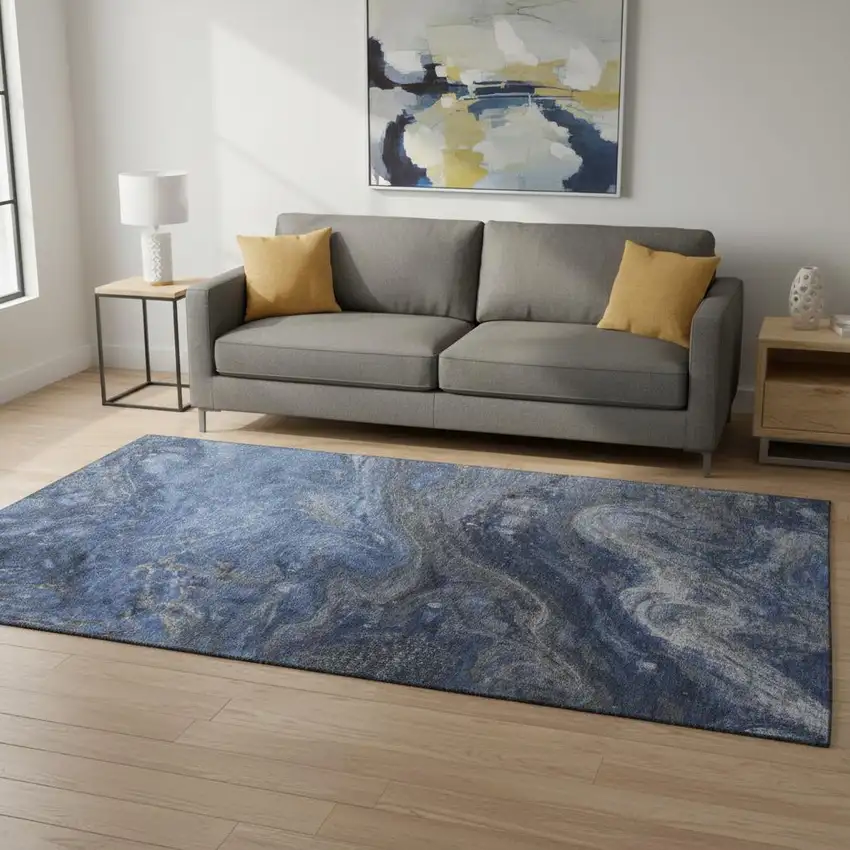 Blue Gray And Ivory Abstract Washable Area Rug With UV Protection Photo 2