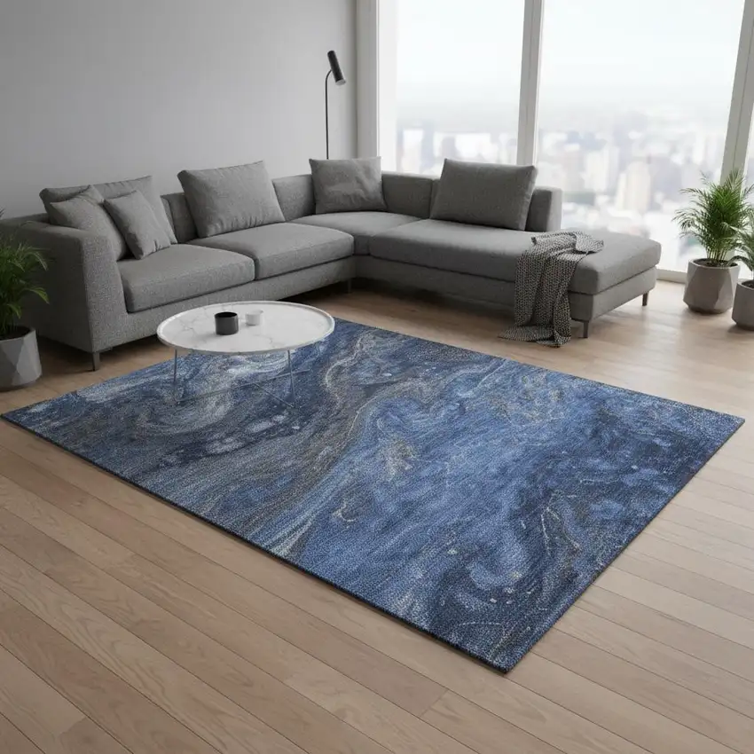 Blue Gray And Ivory Abstract Washable Area Rug With UV Protection Photo 2