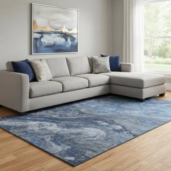 Blue Gray And Ivory Abstract Washable Area Rug With UV Protection Photo 1