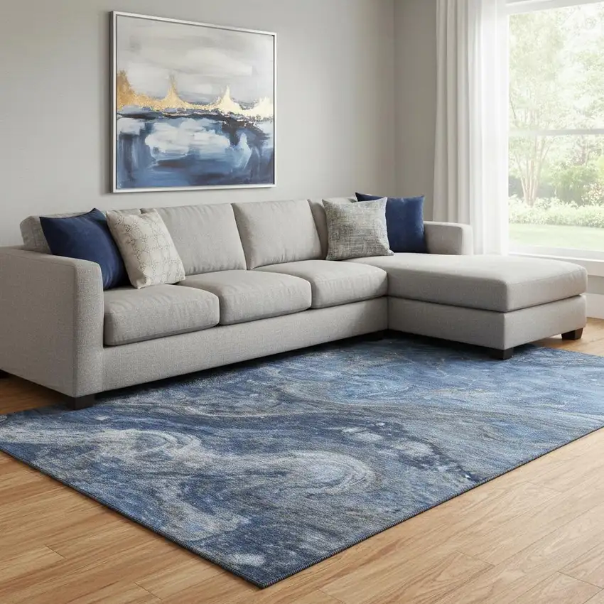 Blue Gray And Ivory Abstract Washable Area Rug With UV Protection Photo 1
