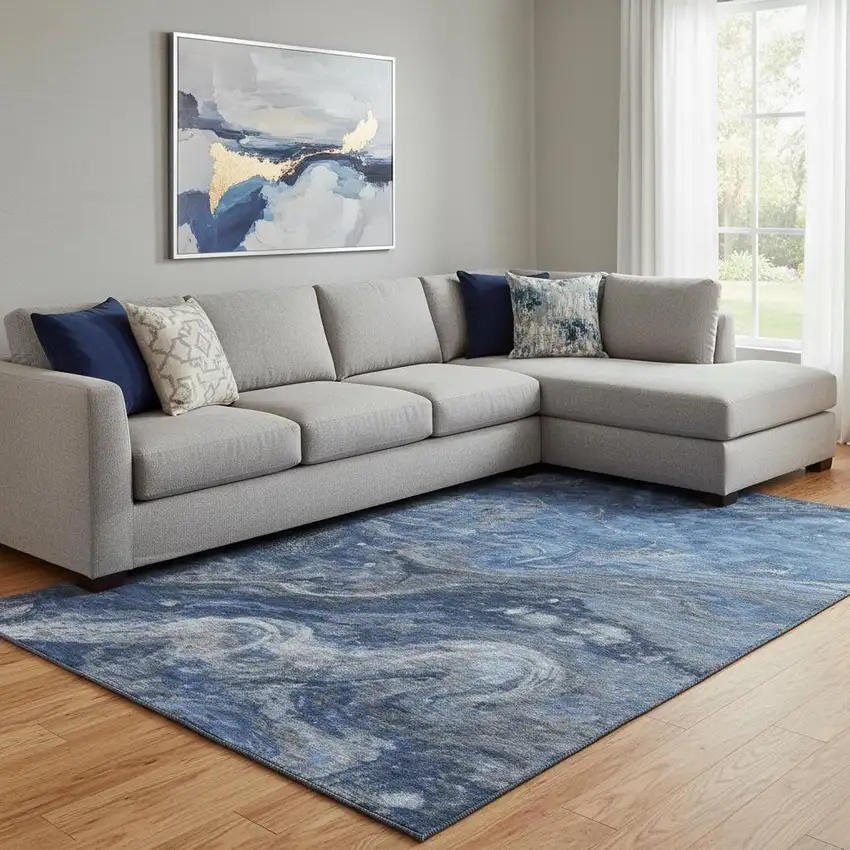 Blue Gray And Ivory Abstract Washable Area Rug With UV Protection Photo 1