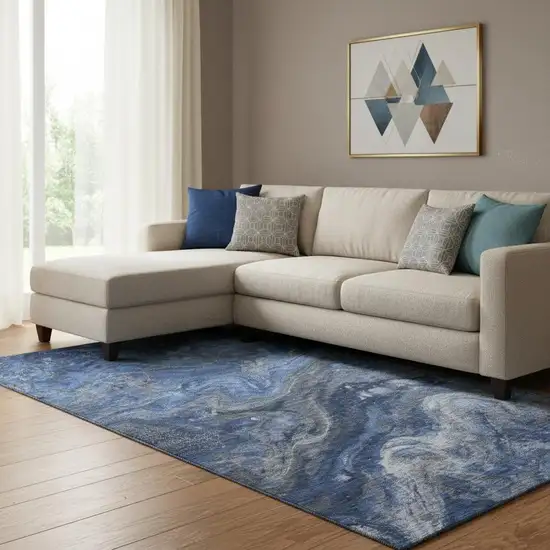 Blue Gray And Ivory Abstract Washable Area Rug With UV Protection Photo 1