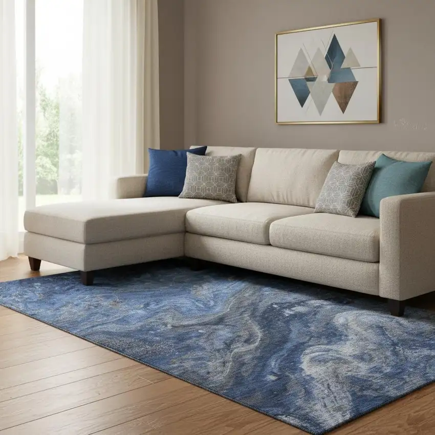 Blue Gray And Ivory Abstract Washable Area Rug With UV Protection Photo 1