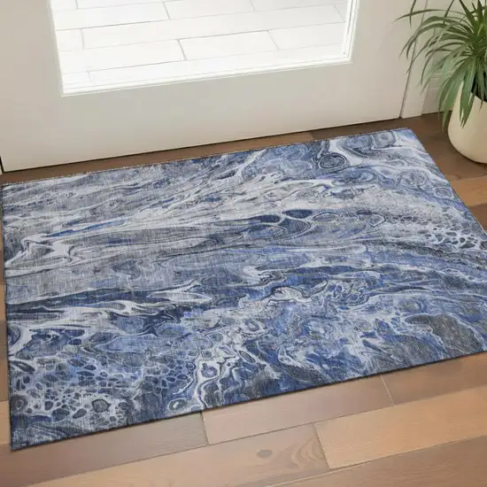Blue Gray And Ivory Abstract Washable Area Rug With UV Protection Photo 1