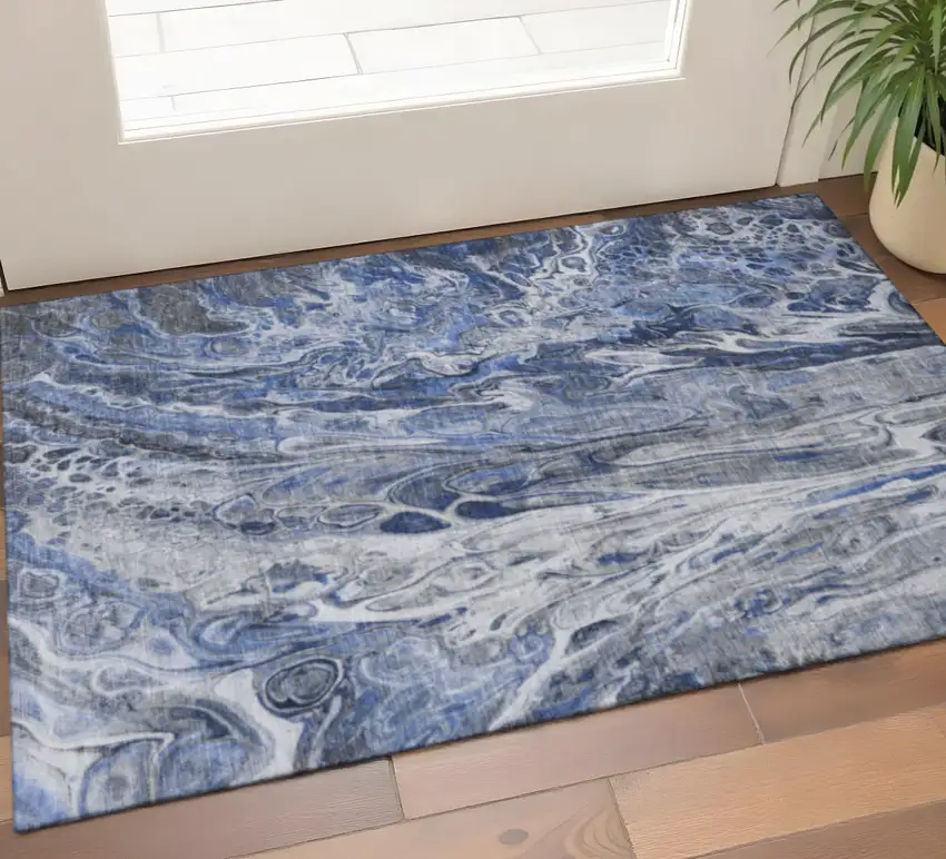 Blue Gray And Ivory Abstract Washable Area Rug With UV Protection Photo 1