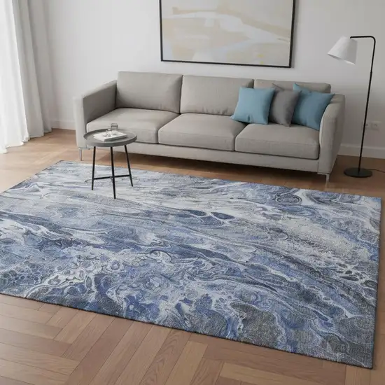 Blue Gray And Ivory Abstract Washable Area Rug With UV Protection Photo 2
