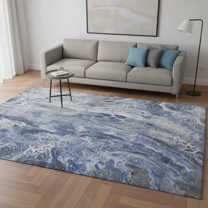 Blue Gray And Ivory Abstract Washable Area Rug With UV Protection Photo 2