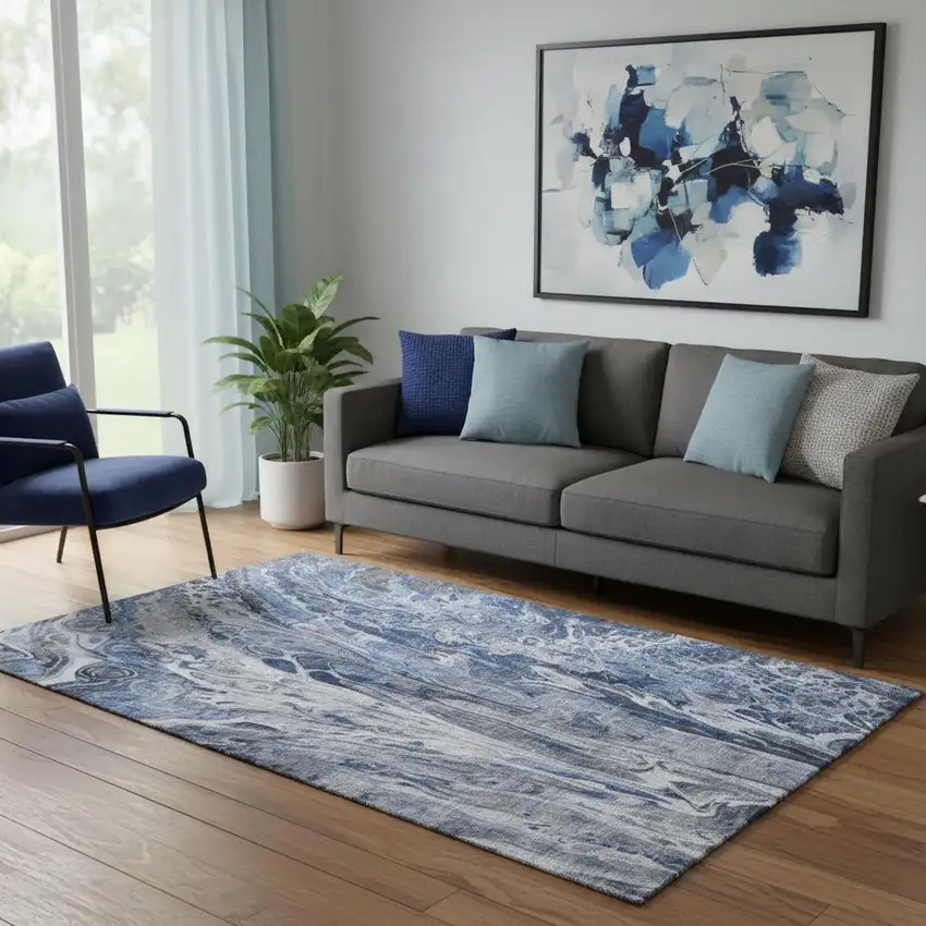 Blue Gray And Ivory Abstract Washable Area Rug With UV Protection Photo 1