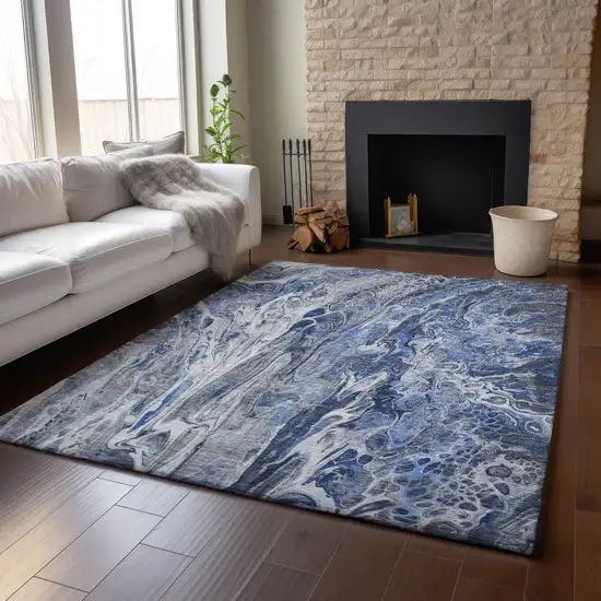 Blue Gray And Ivory Abstract Washable Area Rug With UV Protection Photo 4