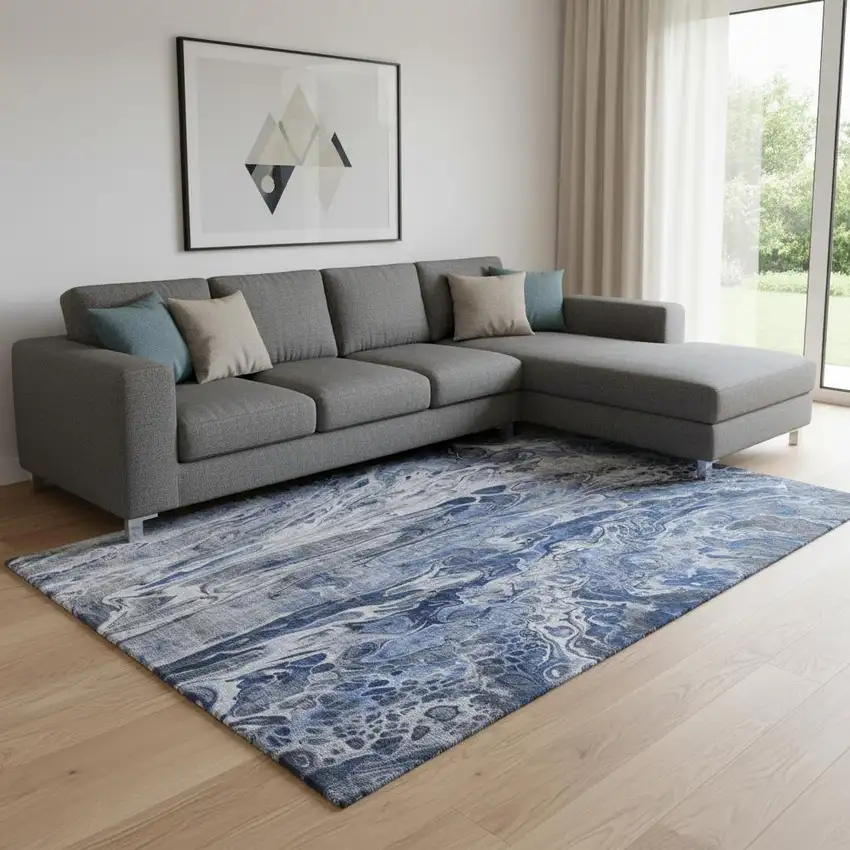 Blue Gray And Ivory Abstract Washable Area Rug With UV Protection Photo 1