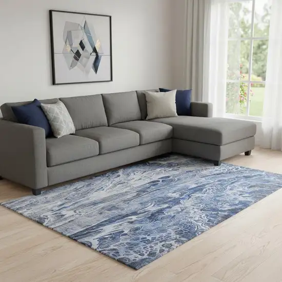 Blue Gray And Ivory Abstract Washable Area Rug With UV Protection Photo 1