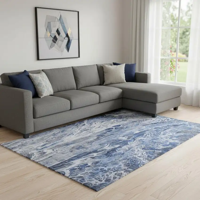 Blue Gray And Ivory Abstract Washable Area Rug With UV Protection Photo 1