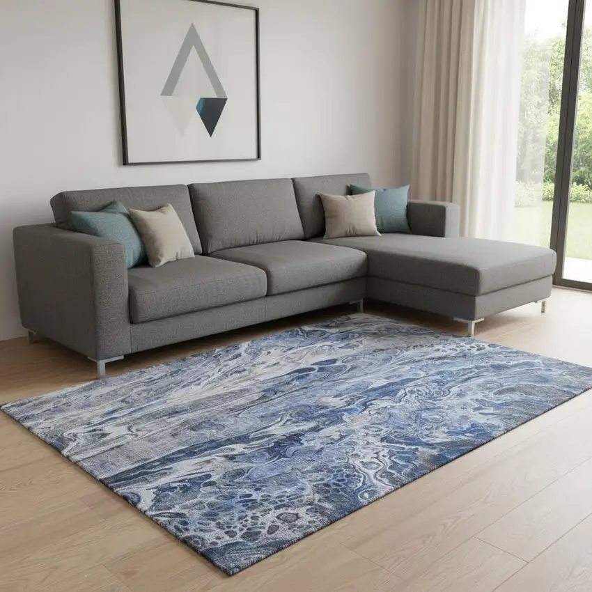 Blue Gray And Ivory Abstract Washable Area Rug With UV Protection Photo 1