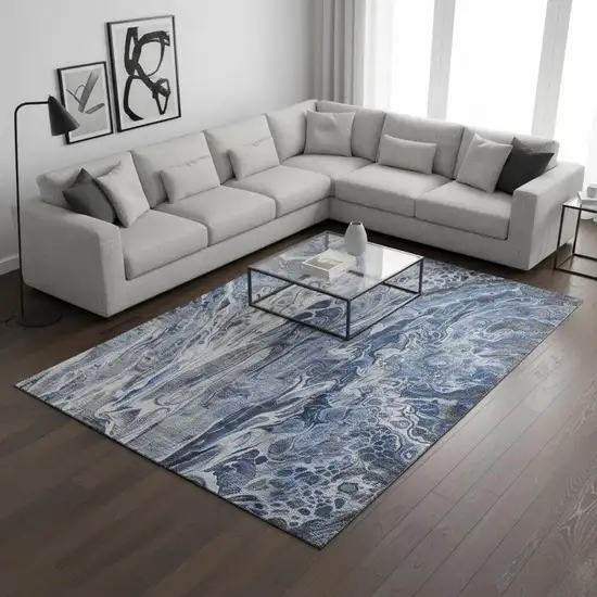 Blue Gray And Ivory Abstract Washable Area Rug With UV Protection Photo 2