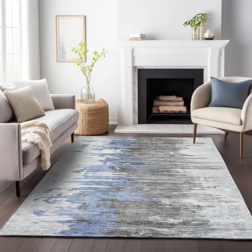 Blue Gray And Ivory Abstract Washable Area Rug With UV Protection Photo 5