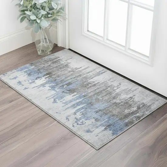 Blue Gray And Ivory Abstract Washable Area Rug With UV Protection Photo 2
