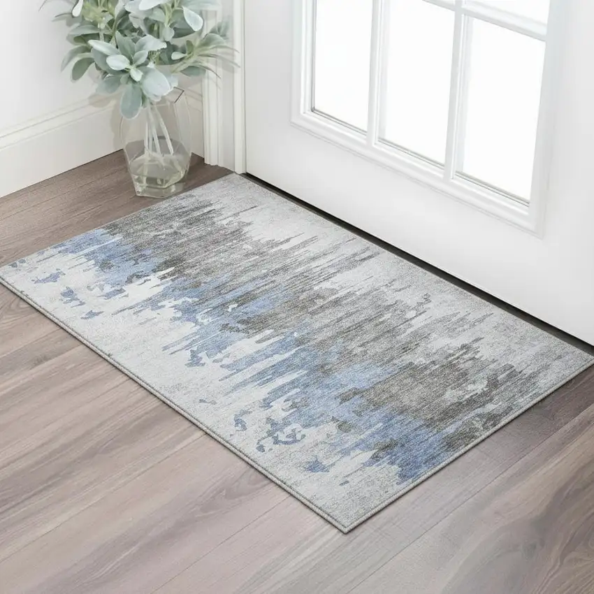 Blue Gray And Ivory Abstract Washable Area Rug With UV Protection Photo 2