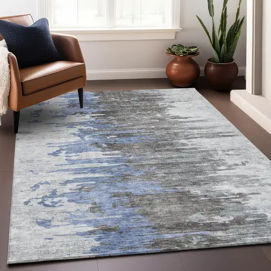 Blue Gray And Ivory Abstract Washable Area Rug With UV Protection Photo 6