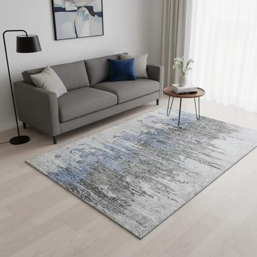 Blue Gray And Ivory Abstract Washable Area Rug With UV Protection Photo 1