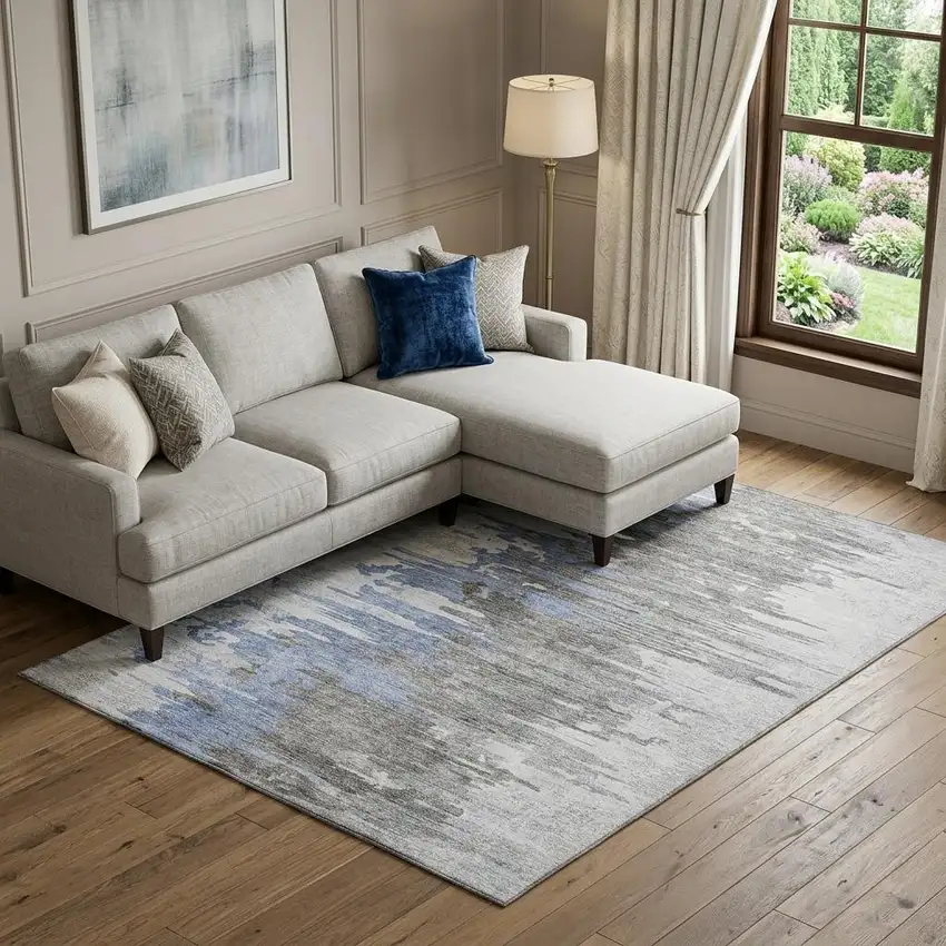 Blue Gray And Ivory Abstract Washable Area Rug With UV Protection Photo 1