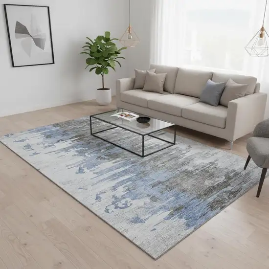 Blue Gray And Ivory Abstract Washable Area Rug With UV Protection Photo 1