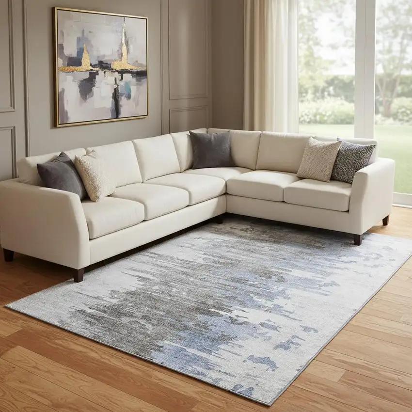 Blue Gray And Ivory Abstract Washable Area Rug With UV Protection Photo 1