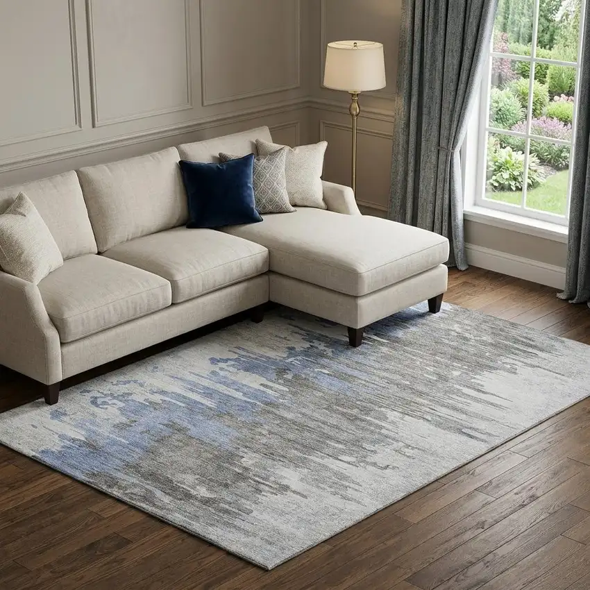 Blue Gray And Ivory Abstract Washable Area Rug With UV Protection Photo 1