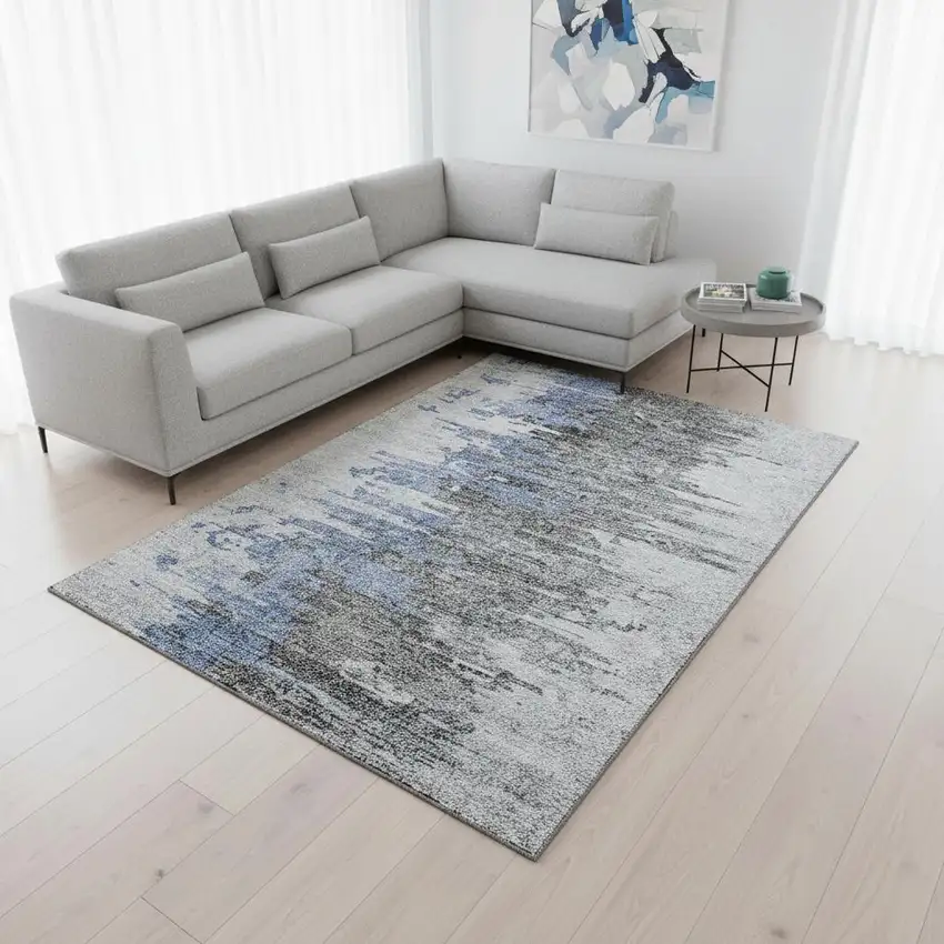 Blue Gray And Ivory Abstract Washable Area Rug With UV Protection Photo 1