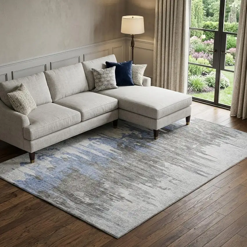 Blue Gray And Ivory Abstract Washable Area Rug With UV Protection Photo 1