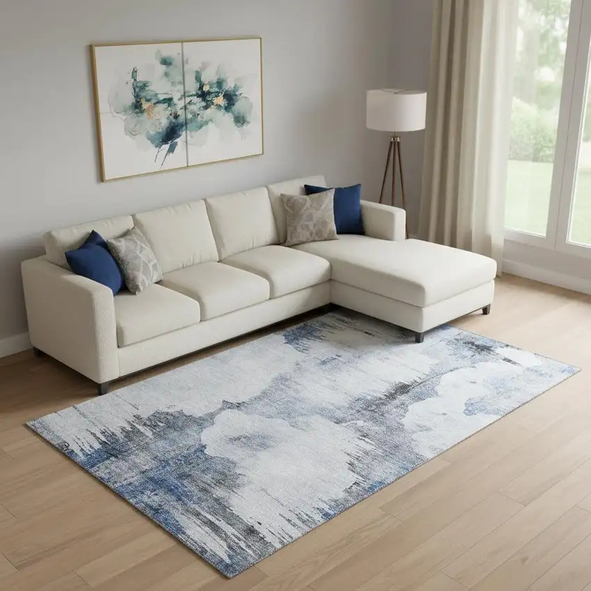 Blue Gray And Ivory Abstract Washable Area Rug With UV Protection Photo 1