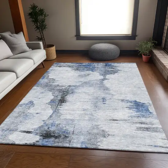 Blue Gray And Ivory Abstract Washable Area Rug With UV Protection Photo 4