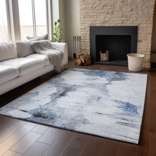 Blue Gray And Ivory Abstract Washable Area Rug With UV Protection Photo 5