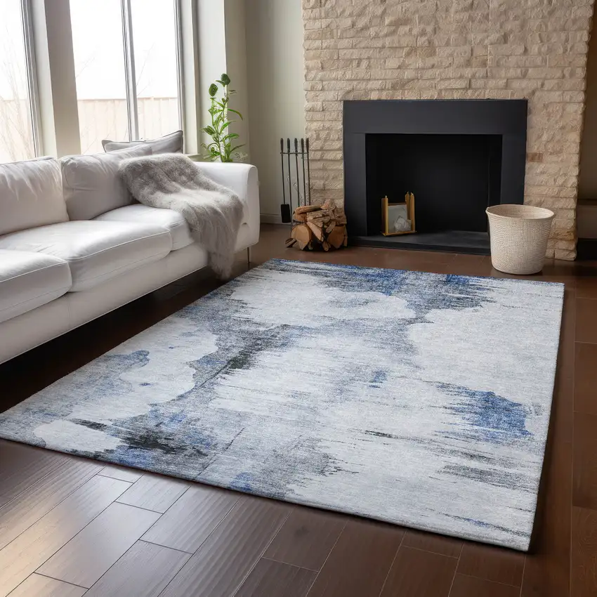 Blue Gray And Ivory Abstract Washable Area Rug With UV Protection Photo 5