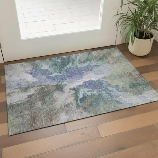 Blue Gray And Ivory Abstract Washable Area Rug With UV Protection Photo 2