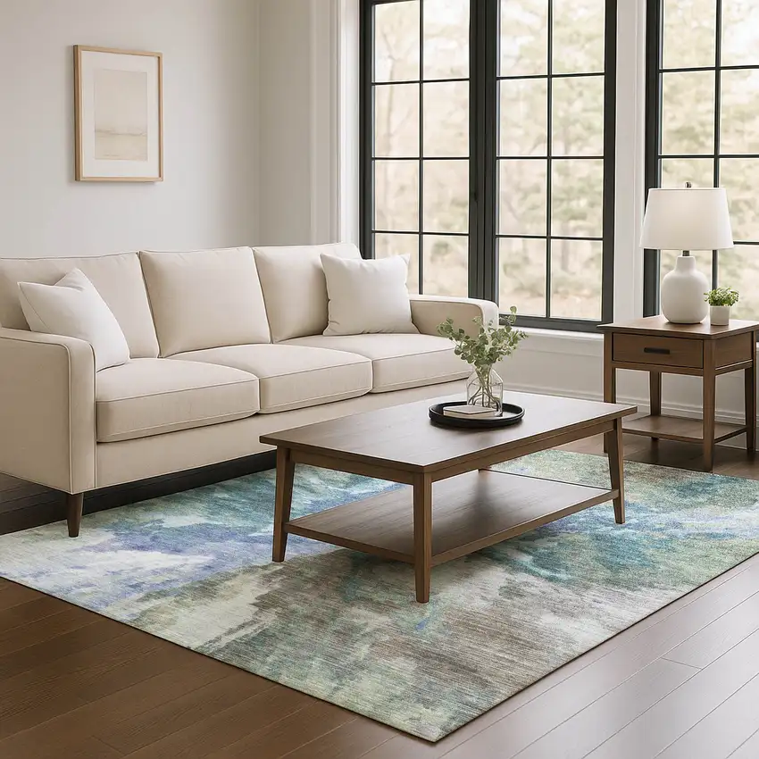 Blue Gray And Ivory Abstract Washable Area Rug With UV Protection Photo 4