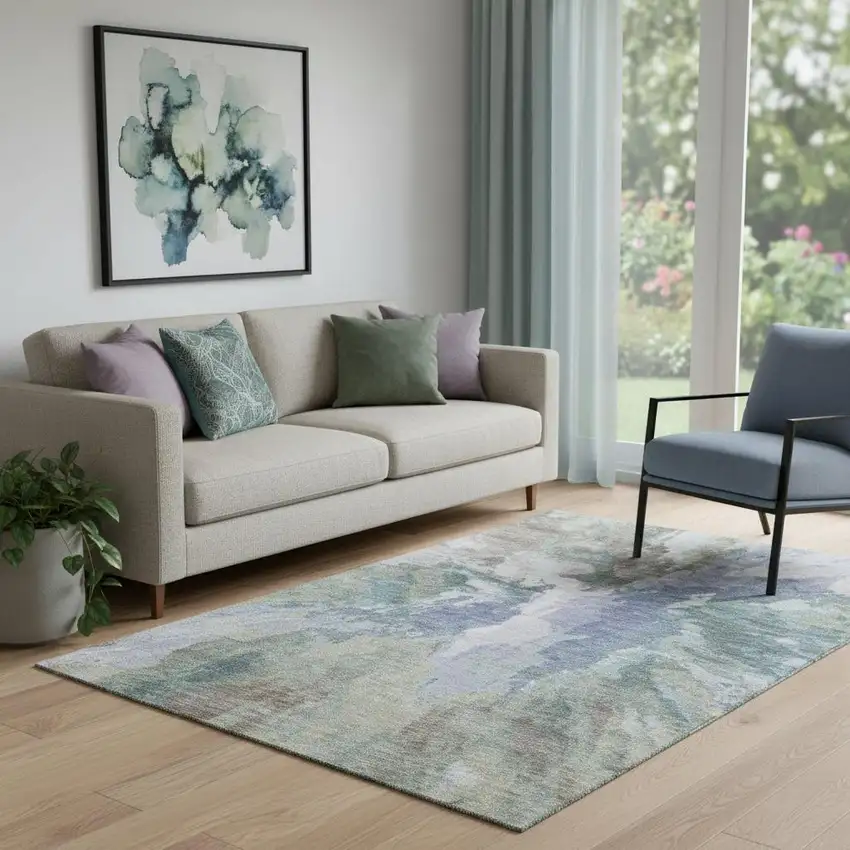 Blue Gray And Ivory Abstract Washable Area Rug With UV Protection Photo 2