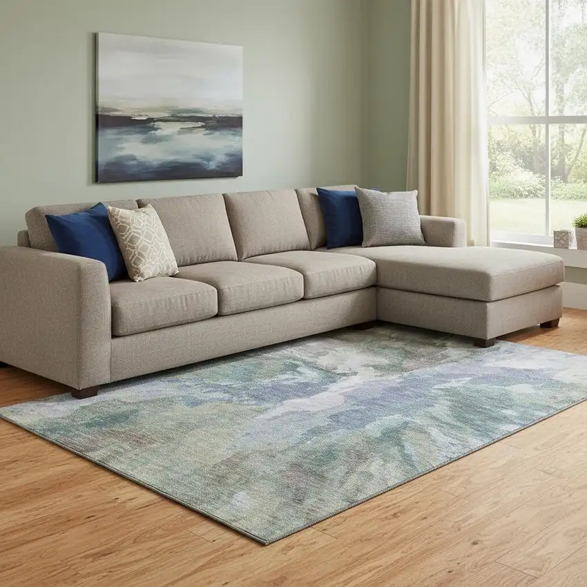 Blue Gray And Ivory Abstract Washable Area Rug With UV Protection Photo 2