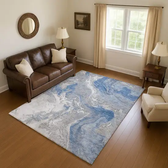 Blue Gray And Ivory Abstract Washable Area Rug With UV Protection Photo 4