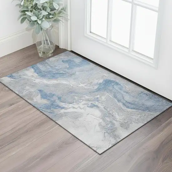 Blue Gray And Ivory Abstract Washable Area Rug With UV Protection Photo 2