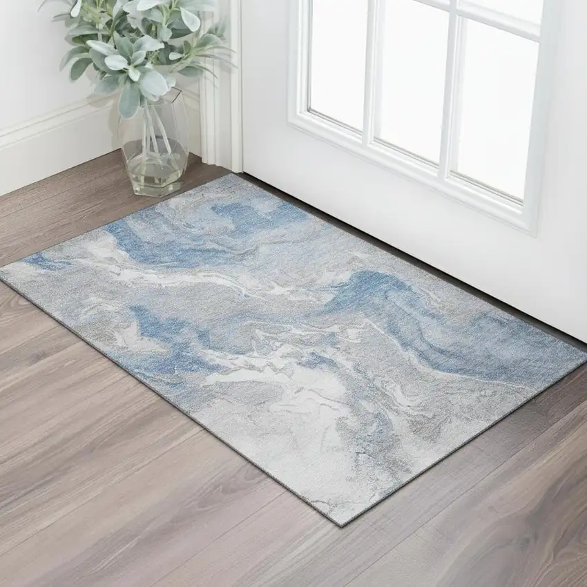 Blue Gray And Ivory Abstract Washable Area Rug With UV Protection Photo 2
