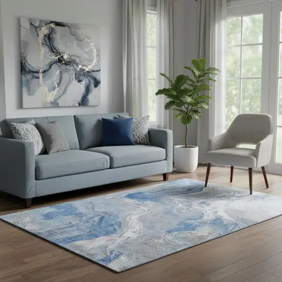 Blue Gray And Ivory Abstract Washable Area Rug With UV Protection Photo 2