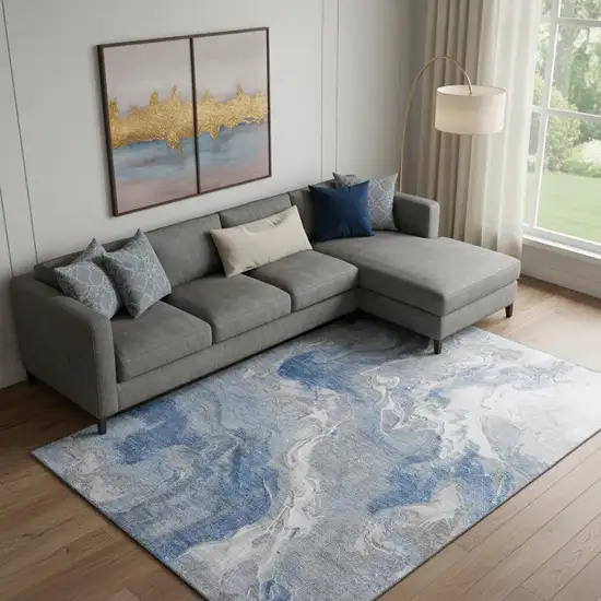 Blue Gray And Ivory Abstract Washable Area Rug With UV Protection Photo 2