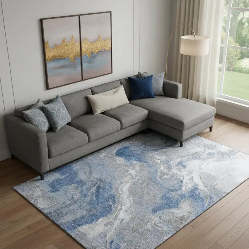 Blue Gray And Ivory Abstract Washable Area Rug With UV Protection Photo 2